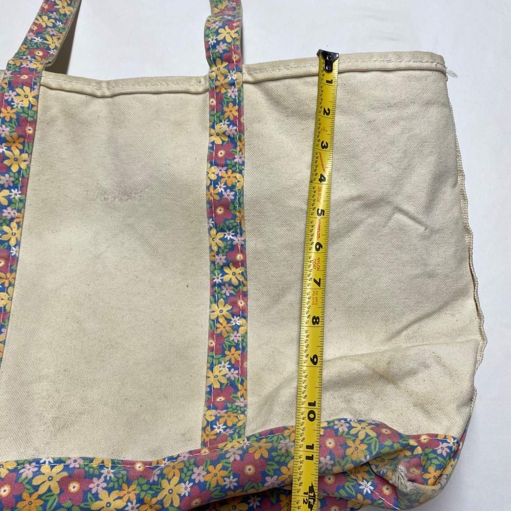 LL Bean Boat and Tote Canvas Bag Floral Print Trim Zip Top Cream Multi Large - Picture 9 of 10